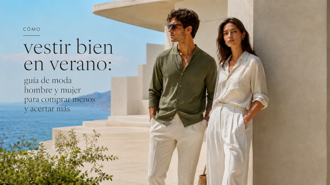 Hombre y mujer con looks de verano en tonos neutros junto al mar para una guía de moda hombre y mujer de ecool