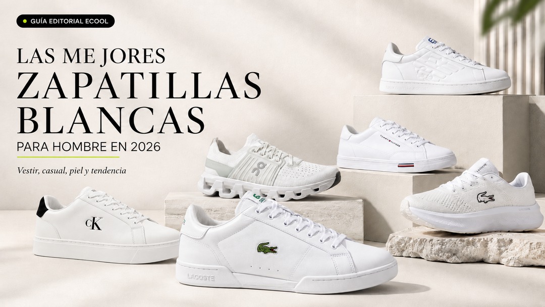 Zapatillas blancas para hombre 2026 en composición editorial con modelos Lacoste, Calvin Klein, Tommy Hilfiger, Armani EA7 y On